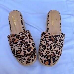 Lulu's Tan and Black Leopard Espadrille Slides